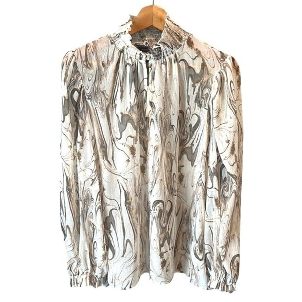 Banana Republic Blouse Women XL Cream Brown Marble Print Smocked High Neck NWT
